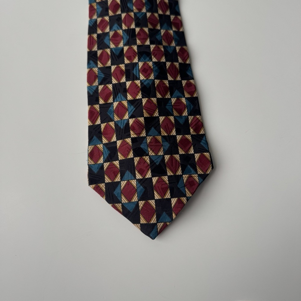 Vintage Silk 90s Zylos George Machado Men's Burgundy Geometric Abstract Art Tie